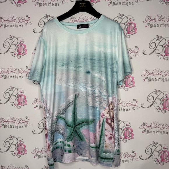 Model France beach scene tshirt starfish ocean bling diamond details sparkly y2k - Picture 7 of 15